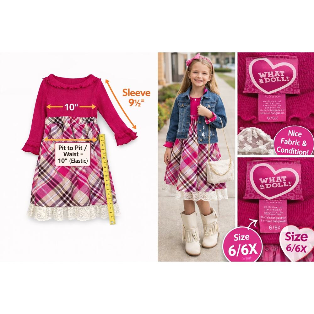 What A Doll‎ Girls 6/6X Pink Plaid Lace Hem Coquette Holiday Party Dress